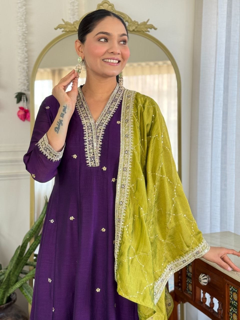 Mihika Purple Embroidered Kurta Set with Dupatta | Vichitra Silk Party Wear Suit