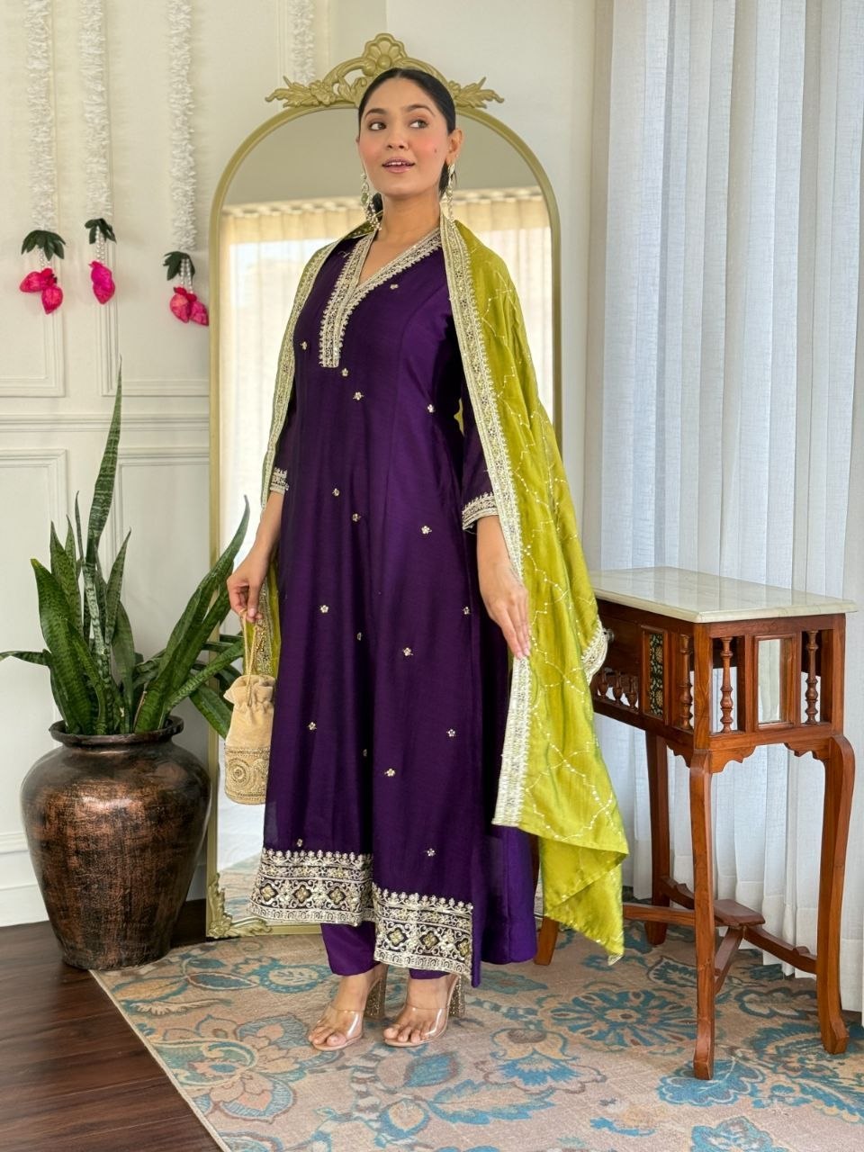 Mihika Purple Embroidered Kurta Set with Dupatta | Vichitra Silk Party Wear Suit